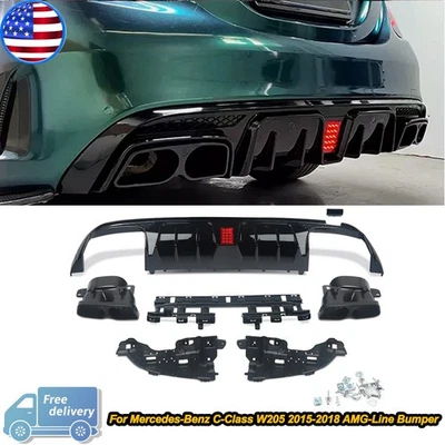 For 15-21 Benz W205 C63 C43 Sedan B Style Rear Diffuser Lip +Exhaust Tips W/LED - Изображение 1 из 4