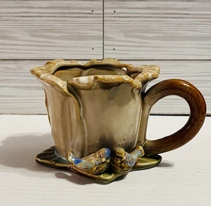 Majolica Ceramic Flower Shape Pentagon Cup Planter with Birds - Picture 1 of 10
