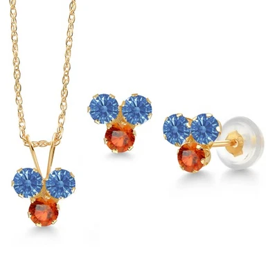 Elegante colgante de 3 piedras de oro amarillo de 14K con circonitas azules y zafiro naranja Foto 1 de 3