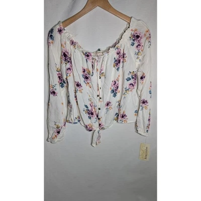 Blusa Rewind Juniors Fuera del Hombro Abotonada Talla S Floral Boho Corbata Campesina Foto 1 de 4