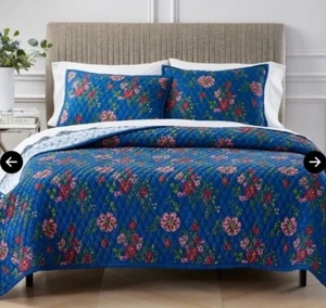 AQUA FLORAL PRINTED REVERSIBLE QUEEN QUILT SET BLUE TOILLE FLORAL - Picture 1 of 4