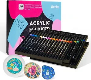 Arrtx Paint Markers Paint Pens, 64 Colors Acrylic Paint Pens Dual-Tip for Roc - Picture 1 of 7