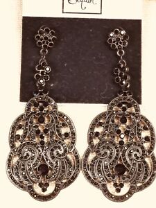Sequin New York Black Crystal Lace Long 3" Drop Dangle Pierced Earrings NWT