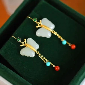 White Jade Butterfly Earrings Natural 925 Silver Jewelry Charms Fashion Women - Picture 1 of 6