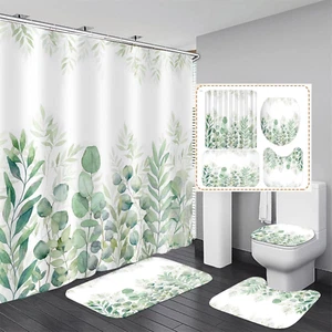 Green Leaves Shower Curtain Sets with Non-Slip Rug, Toilet Lid Cover and Bath Ma - Picture 1 of 7