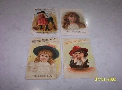 4 tarjetas comerciales publicitarias antiguas vintage de congelador de helados White Mountain Foto 1 de 4