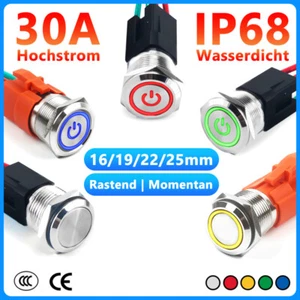 16/19/22/25mm LED Druckschalter Drucktaster Tastend Rastend Ein/Aus Wasserdicht - Picture 1 of 23