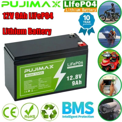 PUJIMAX 12V 9Ah LiFePO4 Lithium Battery Rechargeable Built-in BMS 5000+ Deep Cycles