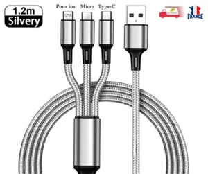 Câble de charge Multi USB 3 en 1 Type C Micro USB IOS 1.2m cordon tressé - Photo 1 sur 4
