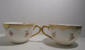 Antique T&V Limoges France Higgins Seiter NY 2 Cups Pink Roses Gold Filigree - Picture 1 of 6