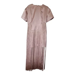 Karen Millen Taupe Satin Heavy Fringed Dress Open Back Mini Dress Uk 10 Bnwt - Picture 1 of 9