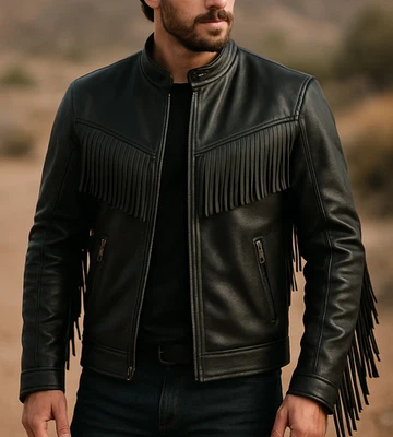 Jaqueta de couro masculina franja ocidental - Casaco de rodeio preto couro de vaca real motociclista cowboy - Imagem 1 de 4