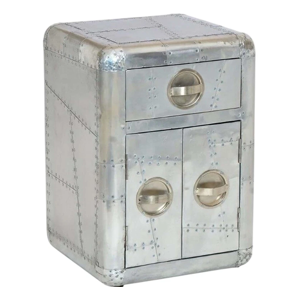 Mesita de noche de aviador | Mesita de noche industrial de aluminio con cajón Foto 1 de 4