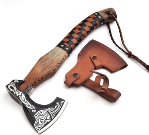 PREMIUM HANDMADE VIKING AXE | HUNTING | CARBON STEEL HATCHET WITH LEATHER SHEATH - Picture 1 of 6