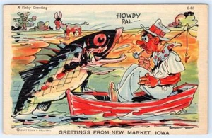 Postal exagerada 1952 saludos desde el nuevo mercado Iowa enorme pescado howdy humor - Imagen 1 de 2