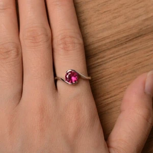 925 Sterling Silver Pink Ruby Ring Lab Created Round Gemstone Women Ring - Picture 1 of 5