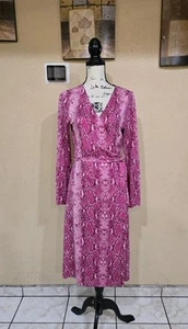 DIANE von FURSTENBERG Long Sleeve Julian Wrap Dress In Python Ribbon Pink Sz 10 - Picture 1 of 6