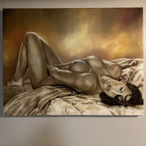 Beautiful Canvas Art Print Woman Reclining on Bed Signed Jusephe 2003 Rare - Picture 1 of 5