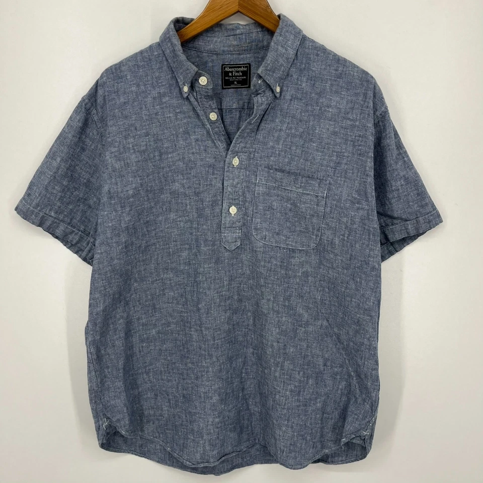 Camisa de manga corta con botones Abercrombie & Fitch para hombre XL azul cambray mezcla de lino Foto 1 de 4