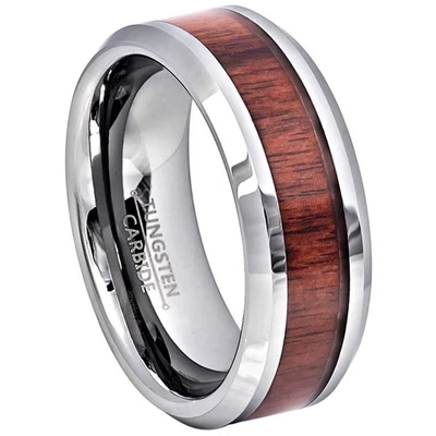 Alianza de boda de carburo de tungsteno biselada con incrustaciones de madera de caoba para joyería, com Foto 1 de 4