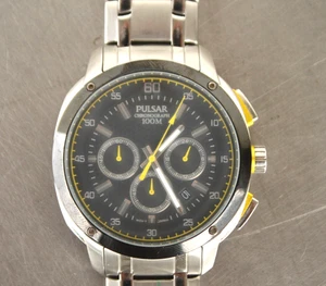 Pulsar VD53-X112 Chronograph Black Dial 100M Stainless Mens Watch AS-IS - Picture 1 of 4