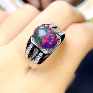 Men's Fire Opal Statement Ring, Black Fire Opal Ring Sterling Silver 7x9mm - Picture 1 of 6