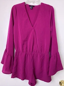 FOREVER 21 Fuschia Lightweight Long Trumpet Sleeve V Neck Mini Shorts Romper S - Picture 1 of 12