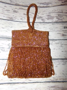 Vintage Irridescent brown micro beaded fringed bag - Picture 1 of 6