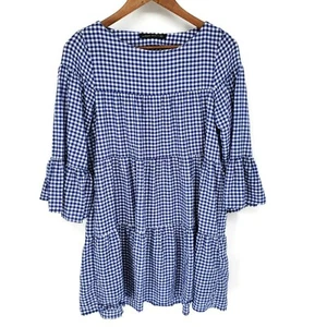 Zara Womens Gingham Peasant Boho Dress Size XS Blue Oversized Tiered Bell Sleeve - Picture 1 of 10