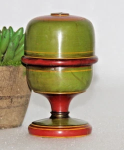 Old Wooden Green & Red Lacqure Handpainted Unique Shape Tikka Box Original 13937 - Picture 1 of 7