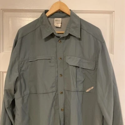 Camisa REI Para Hombres Senderismo Botón Frontal Verde Malla Ventilada Solapa Bolsillos Alta LT Foto 1 de 4