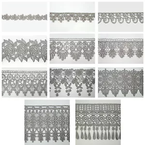 5/8" - 5-1/8" Wide Silver Gray Grey Embroidered Venice Lace Guipure Trim by Yard - Picture 1 of 12