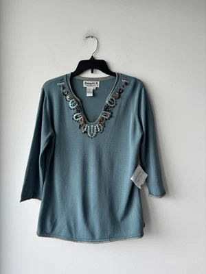 Винтажный Joseph A. Топ бисером V шеи синий вязаный 3/4 рукав женщин XL новый с Ярлыками Southwestern - Изображение 1 из 4