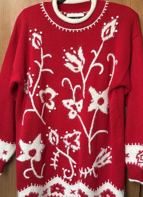 Suéter Dana Scott Talla Grande Navidad Vintage Fiesta Rojo Cuentas Bordado Vacaciones Foto 1 de 4