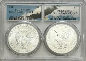 2021 American Silver Eagle PCGS MS 69 Type 1 & Type 2 Set Eagle Label - Picture 1 of 6