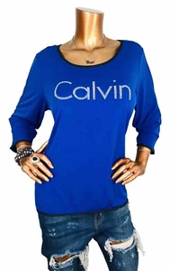 Calvin Klein 0X Plus Top Stretch CK Logo Blue Black Blouse 3/4 Slv Studded Shirt - Picture 1 of 10