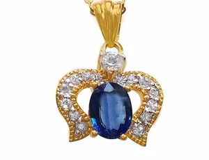 Natural Blue Sapphire oval cut crown shape pendant Sterling silver with chain - Picture 1 of 3