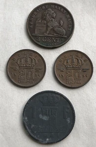 Lot of 4 Coins Belgium - 1905 2 Cents, 1941 1 Franc, 2 1954 20 Centimes - Picture 1 of 8