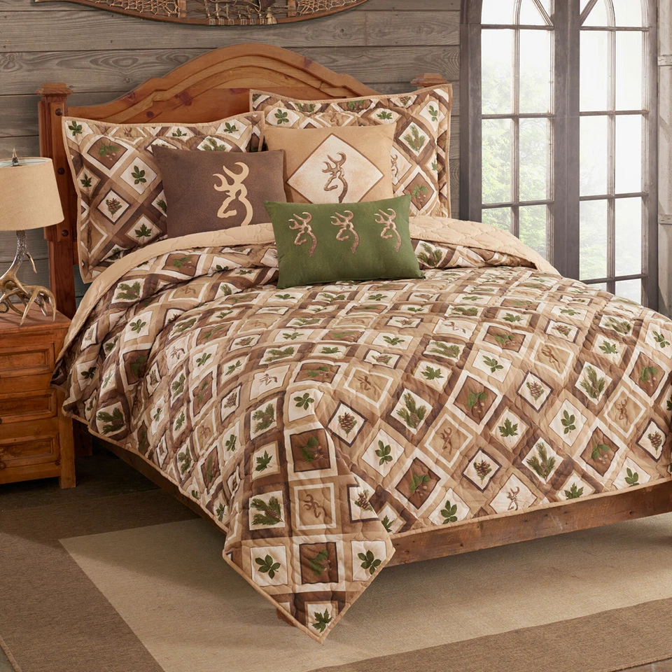 Browning Nature Buckmark Queen-Full Quilt w/shams 3pc Patchwork Tan Green Beige - Image 1 of 1