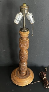 Vtg Hand-Carved Wood Table Lamp – Double Socket Ornate Floral Design 24.5" - Picture 1 of 11