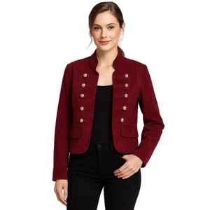 Military Style Burgundy Cropped Jacket Womens XL Open Front Gold Button Detail - Picture 1 of 11