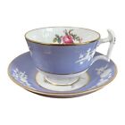 Spode Copelands Tea Cup Saucer Set Maritime Rose Blue Footed Gold Trim Vintage