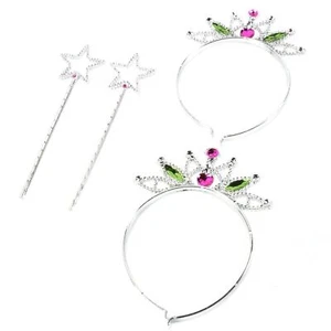 2x TIARA & WAND SETS Girls Silver Plastic Crown Fairy Princess Fancy Dress Party - Picture 1 of 8