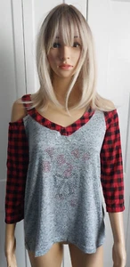 CHRISTMAS HOLIDAY WOMEN CANDY CANE RHINESTONE 3/4 SLEEVE COLD SHOULDER TOP S NWT - Picture 1 of 5