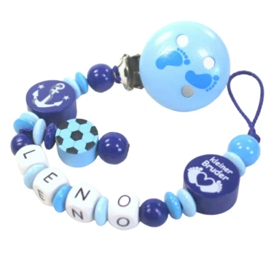  Schnullerkette mit Namen Anker Fußball Babyfüsschen Kleiner Bruder Junge blau - Bild 1 von 4