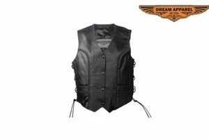 Damen Motorrad Leder Weste plissiert Knopfverschluss, einfarbig schwarz - ärmellos - Bild 1 von 6