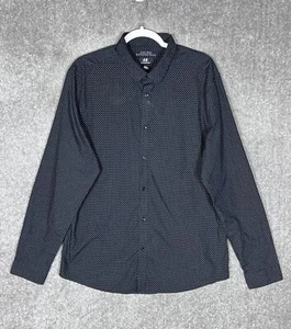 H & M Slim Fit Easy Iron Polka Dot Button Up Shirt Mens Size XL Blue White - Picture 1 of 7