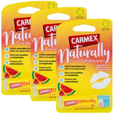 3x Carmex NATURALLY Sandía Bálsamo Labial Hidratante Natural Barra Hidratante 4.25g Foto 1 de 4