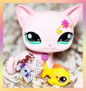 Authentic Littlest Pet Shop 5" LPS Big Jumbo Deco Pink Shorthair Cat Collar Fish - Picture 1 of 12