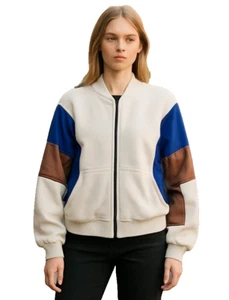 FREE PEOPLE Movement Hot Track Varsity Cream Jacket Oversized Sz Large - Picture 1 of 17